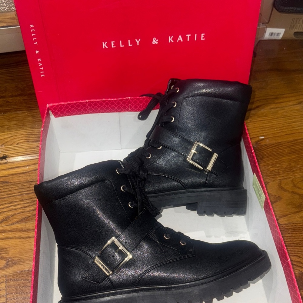 Black Combat Boots with Buckle Detail